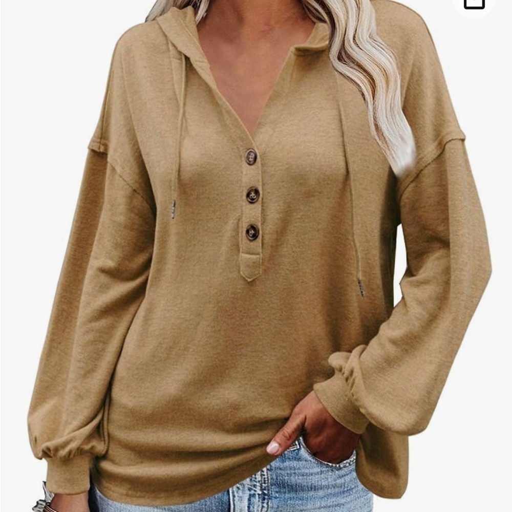 Women's Hooded Long Sleeve V Neck Henley Camel Size M EUC